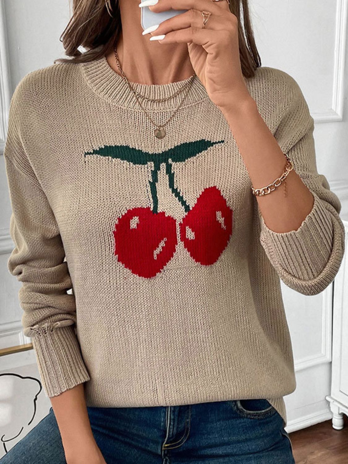 Cherry Round Neck Long Sleeve Sweater