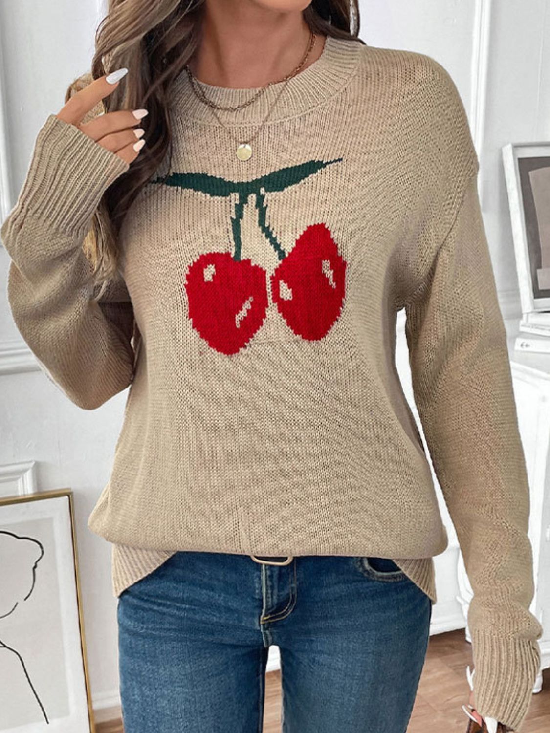 Cherry Round Neck Long Sleeve Sweater