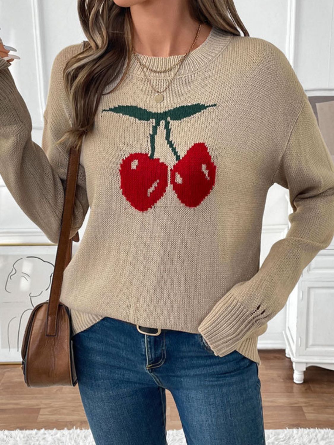 Cherry Round Neck Long Sleeve Sweater