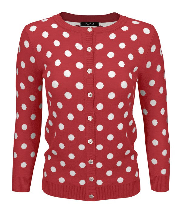 Polka Dot Jacquard 3/4 Sleeve Sweater Cardigan