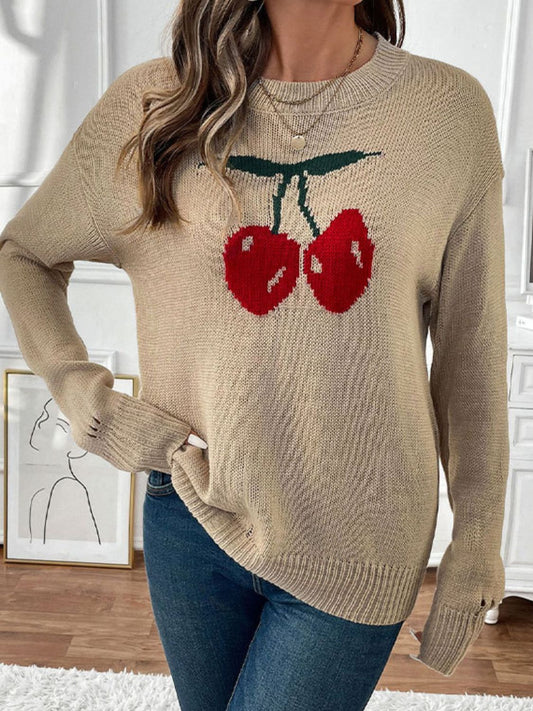 Cherry Round Neck Long Sleeve Sweater