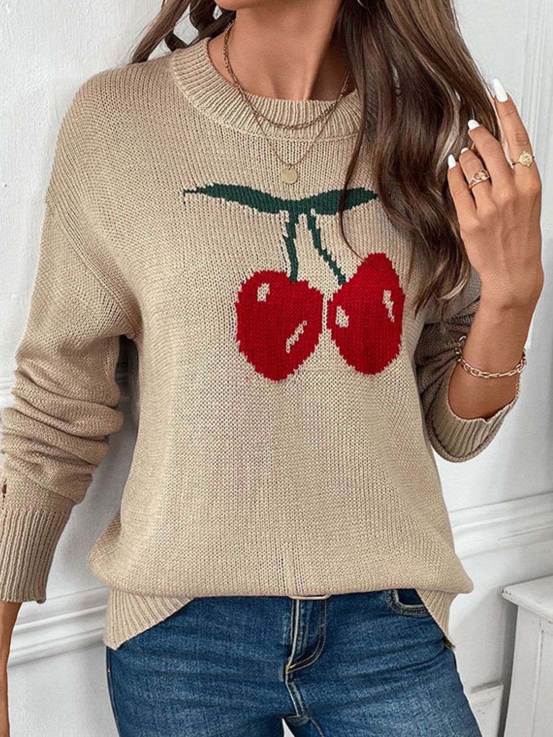 Cherry Round Neck Long Sleeve Sweater